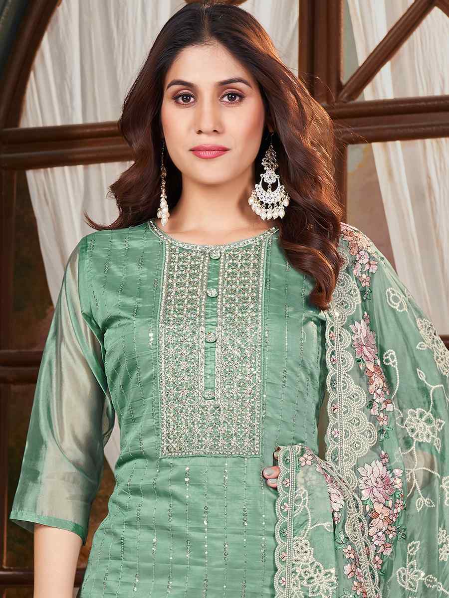 Green Pure Organza Embroidered Wedding Festival Pant Salwar Kameez