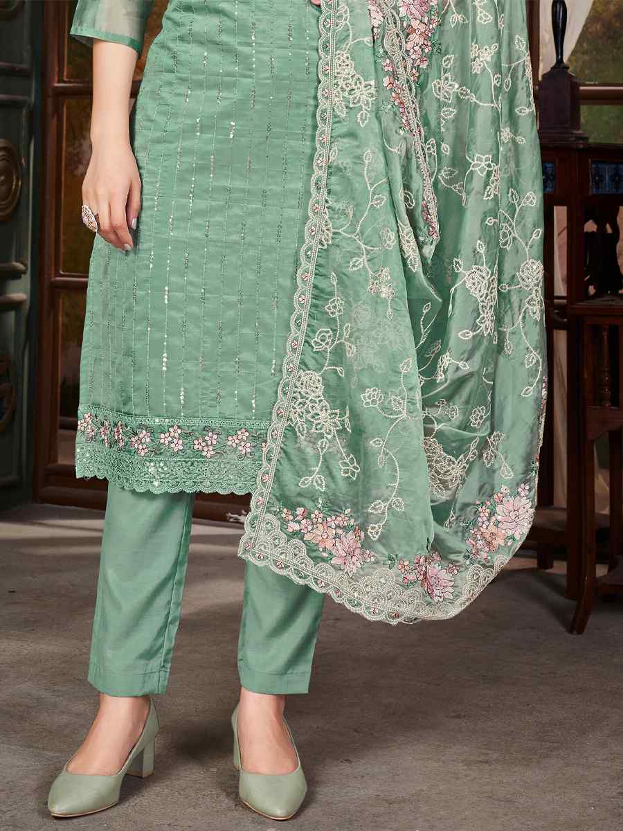 Green Pure Organza Embroidered Wedding Festival Pant Salwar Kameez