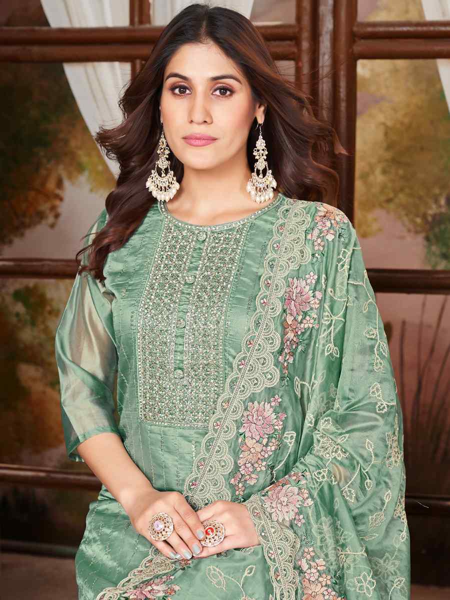 Green Pure Organza Embroidered Wedding Festival Pant Salwar Kameez