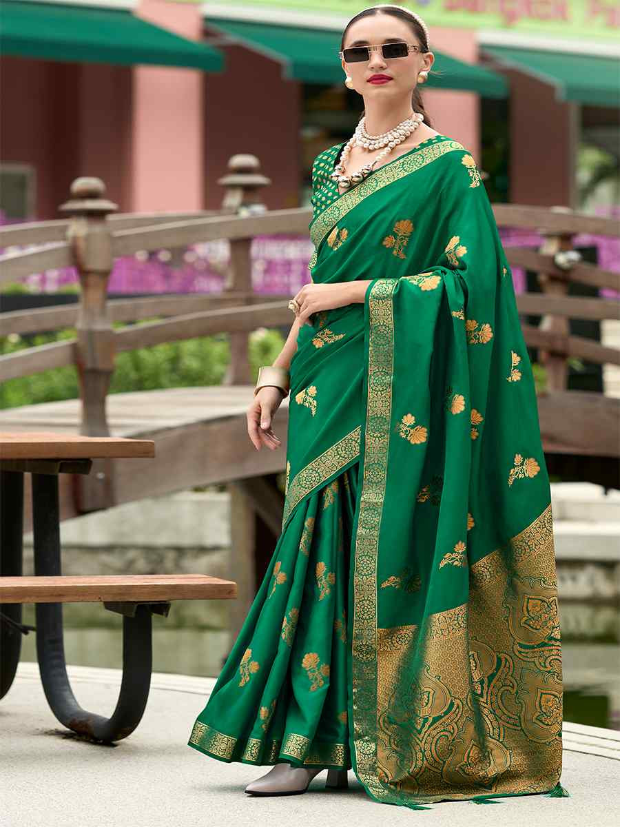 Green Pure Satin Handwoven Festival Wedding Heavy Border Saree