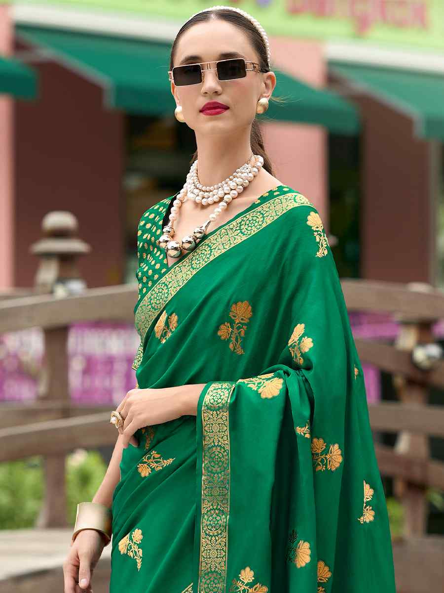 Green Pure Satin Handwoven Festival Wedding Heavy Border Saree