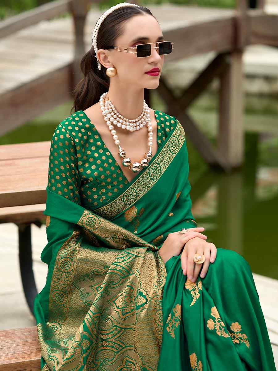 Green Pure Satin Handwoven Festival Wedding Heavy Border Saree