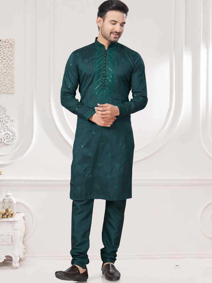 Green Pure Silk Embroidered Festival Casual Kurta