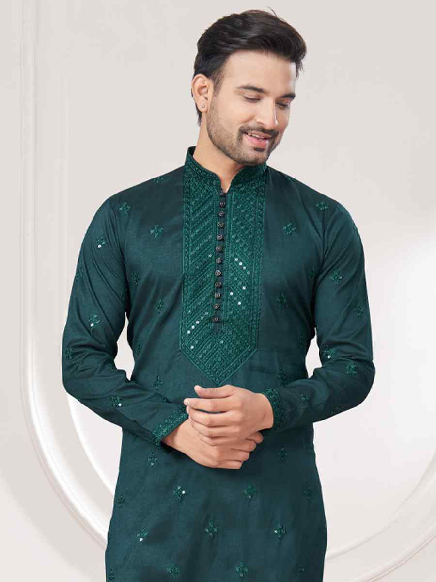 Green Pure Silk Embroidered Festival Casual Kurta