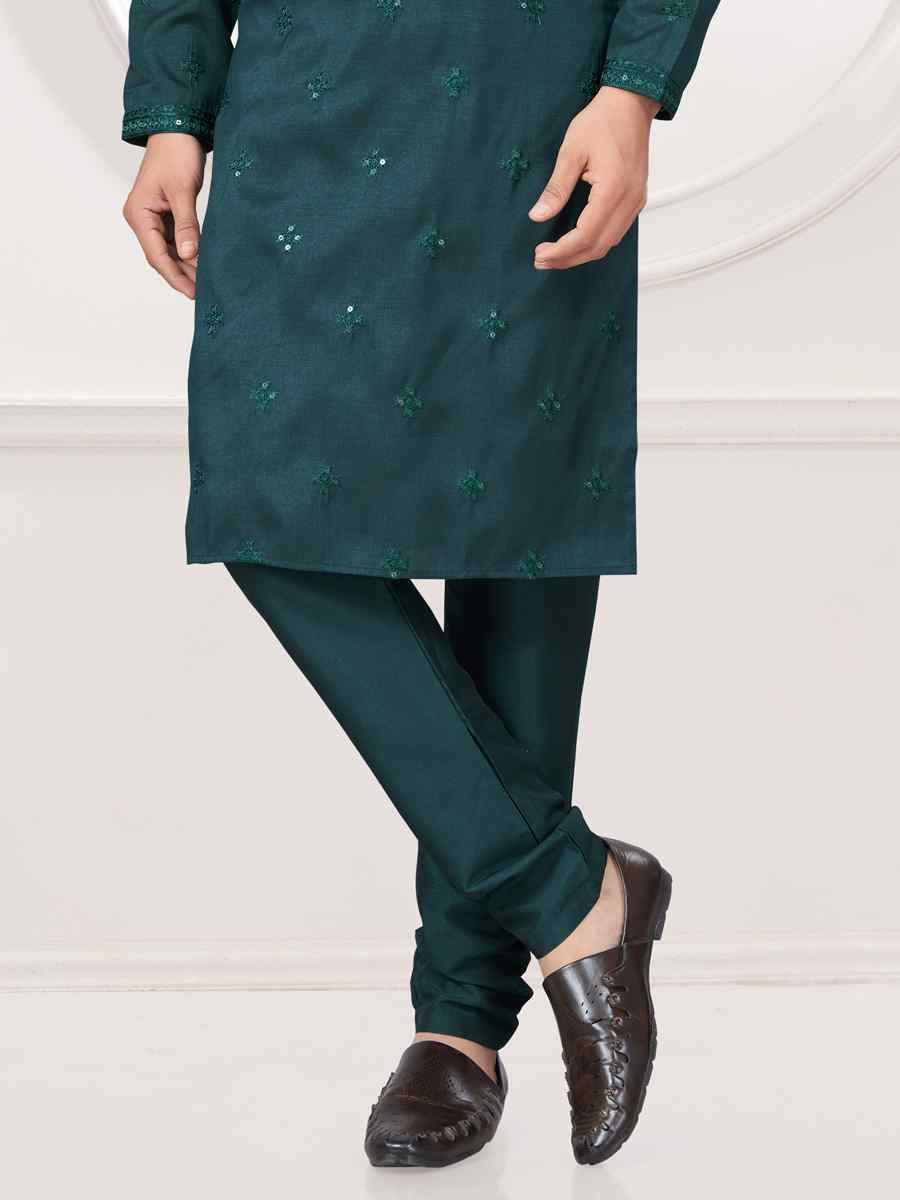 Green Pure Silk Embroidered Festival Casual Kurta