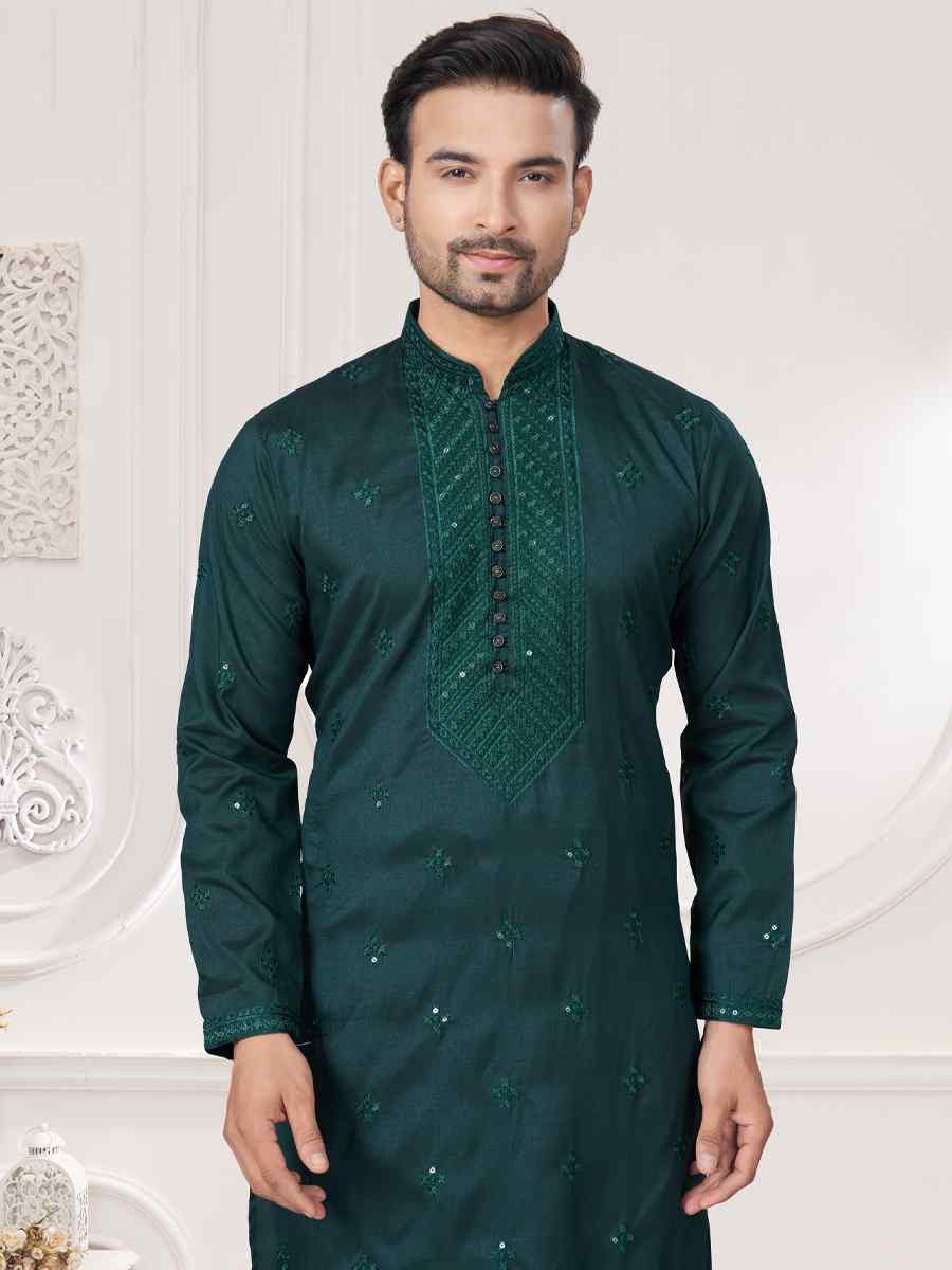 Green Pure Silk Embroidered Festival Casual Kurta