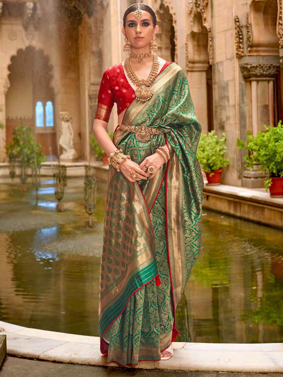 Green Pure Silk Jacquard Handwoven Festival Wedding Heavy Border Saree