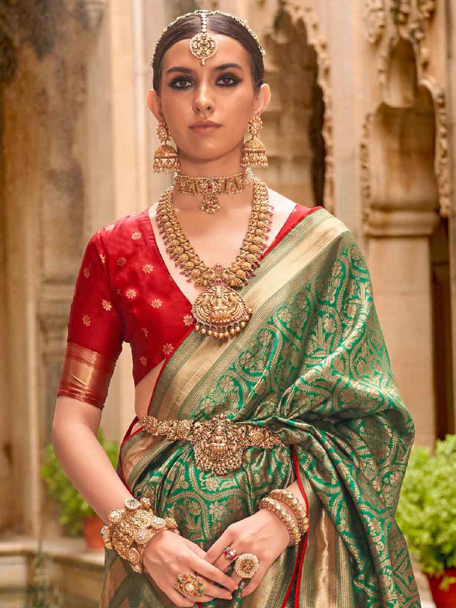 Green Pure Silk Jacquard Handwoven Festival Wedding Heavy Border Saree