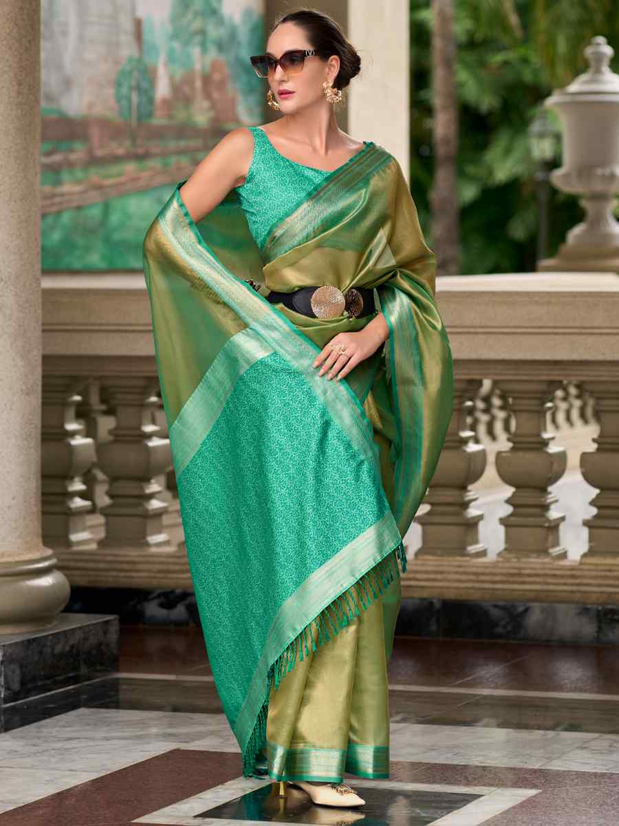 Green Pure Tisshue Silk Handwoven Festival Wedding Heavy Border Saree