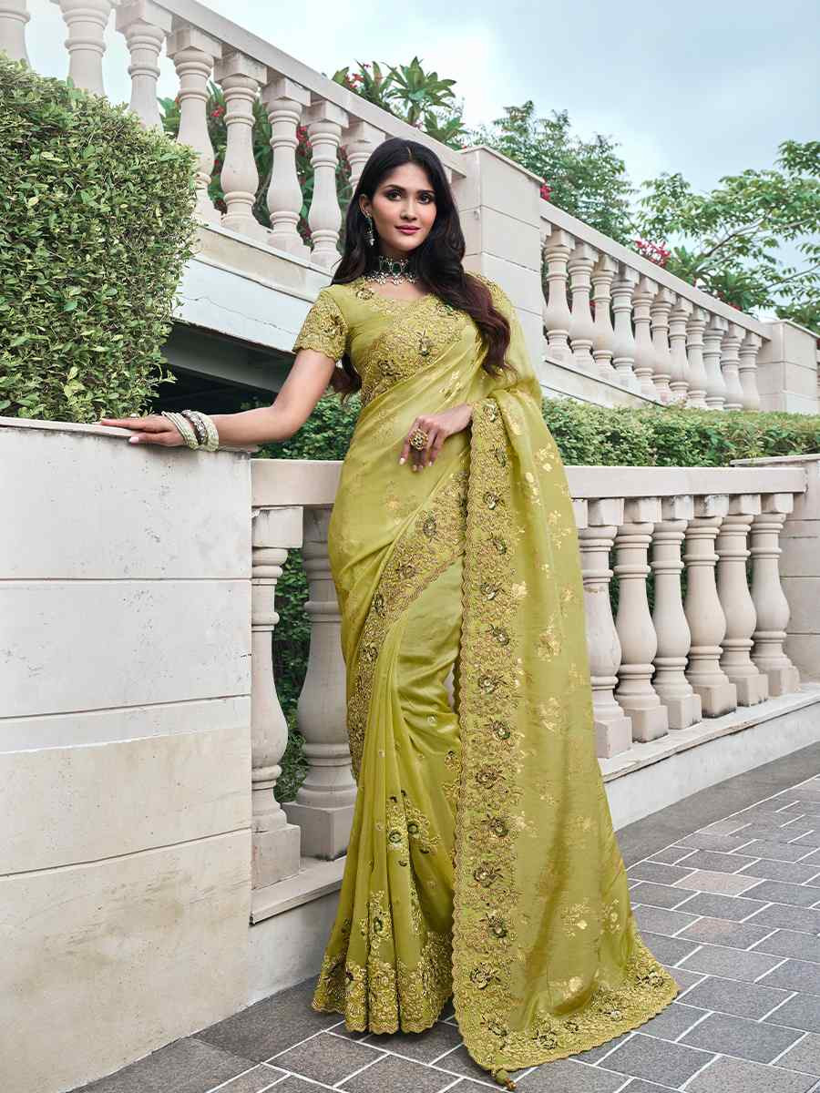 Green Pure Tissue Silk Embroidered Reception Wedding Heavy Border Saree