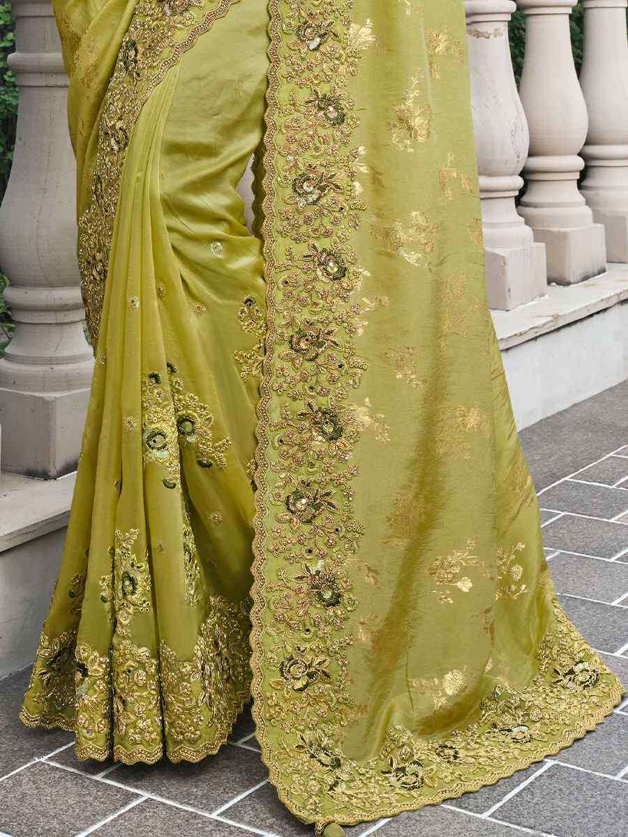 Green Pure Tissue Silk Embroidered Reception Wedding Heavy Border Saree