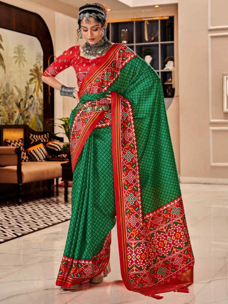 Green Pure Tusser Patola Printed Festival Casual Contemporary Saree