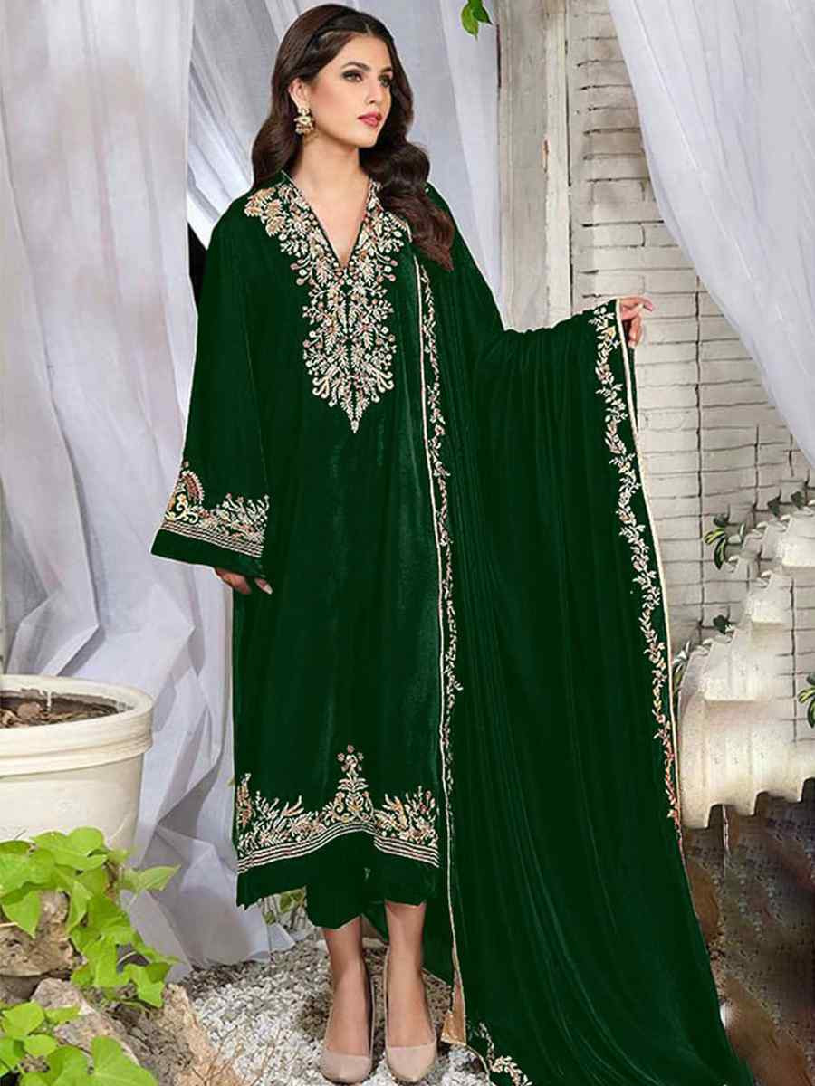 Green Pure Viscos Velvet Embroidered Festival Wedding Pant Salwar Kameez