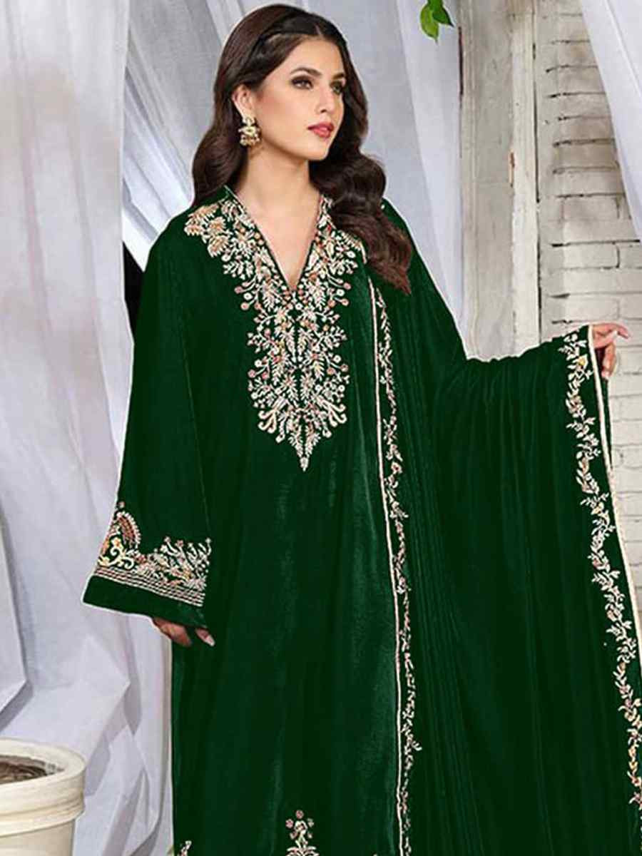 Green Pure Viscos Velvet Embroidered Festival Wedding Pant Salwar Kameez