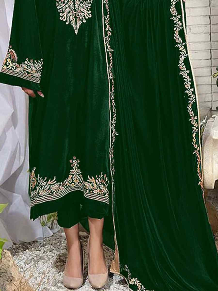 Green Pure Viscos Velvet Embroidered Festival Wedding Pant Salwar Kameez