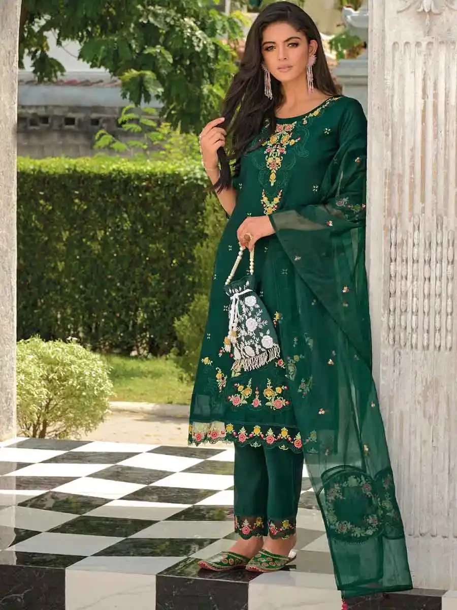 Green Pure Viscose Embroidered Festival Casual Ready Pant Salwar Kameez