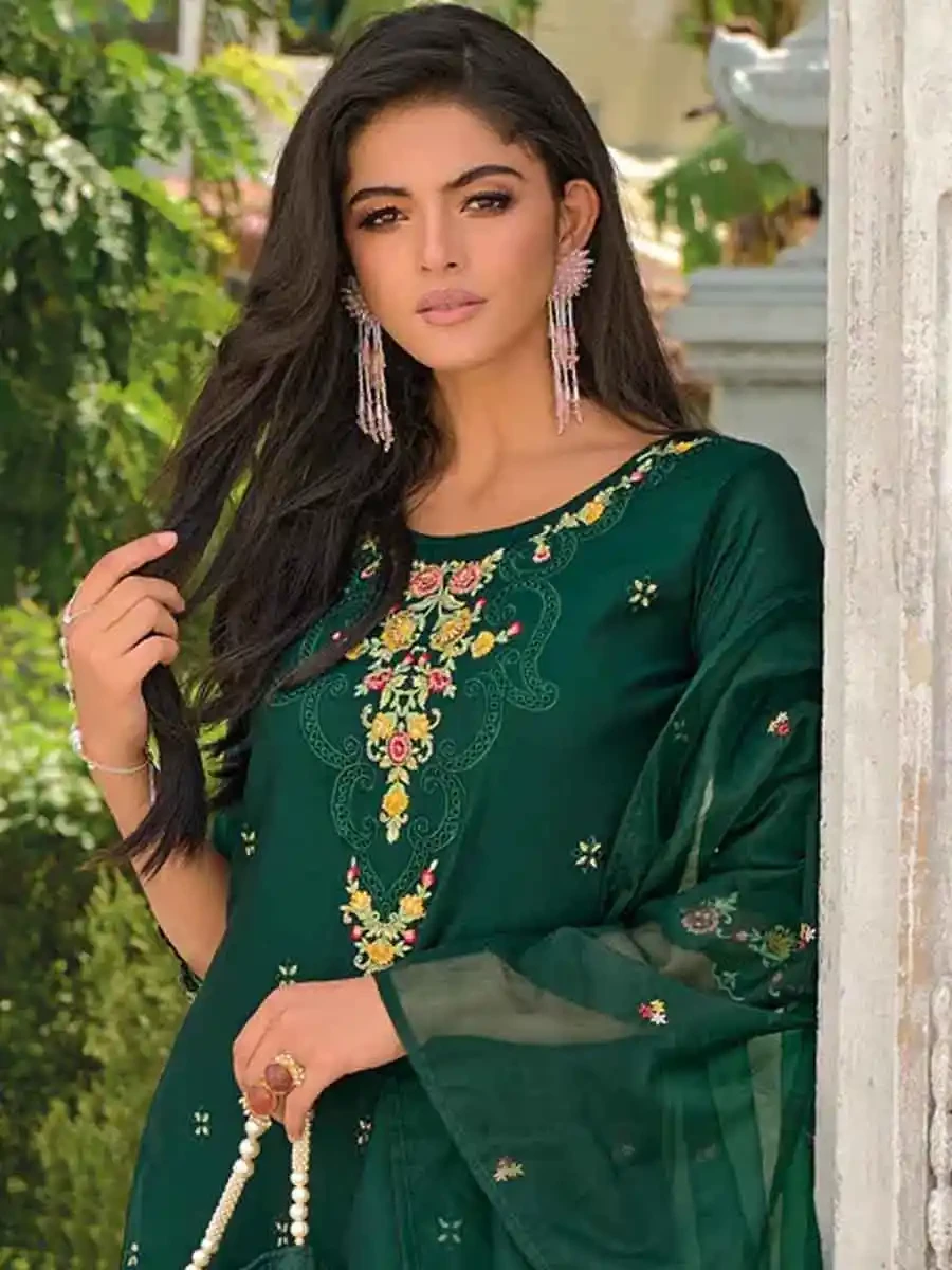 Green Pure Viscose Embroidered Festival Casual Ready Pant Salwar Kameez