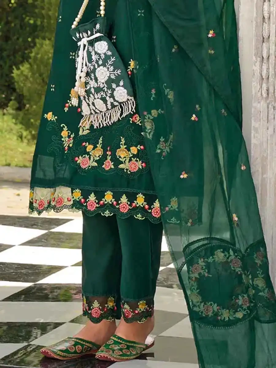 Green Pure Viscose Embroidered Festival Casual Ready Pant Salwar Kameez