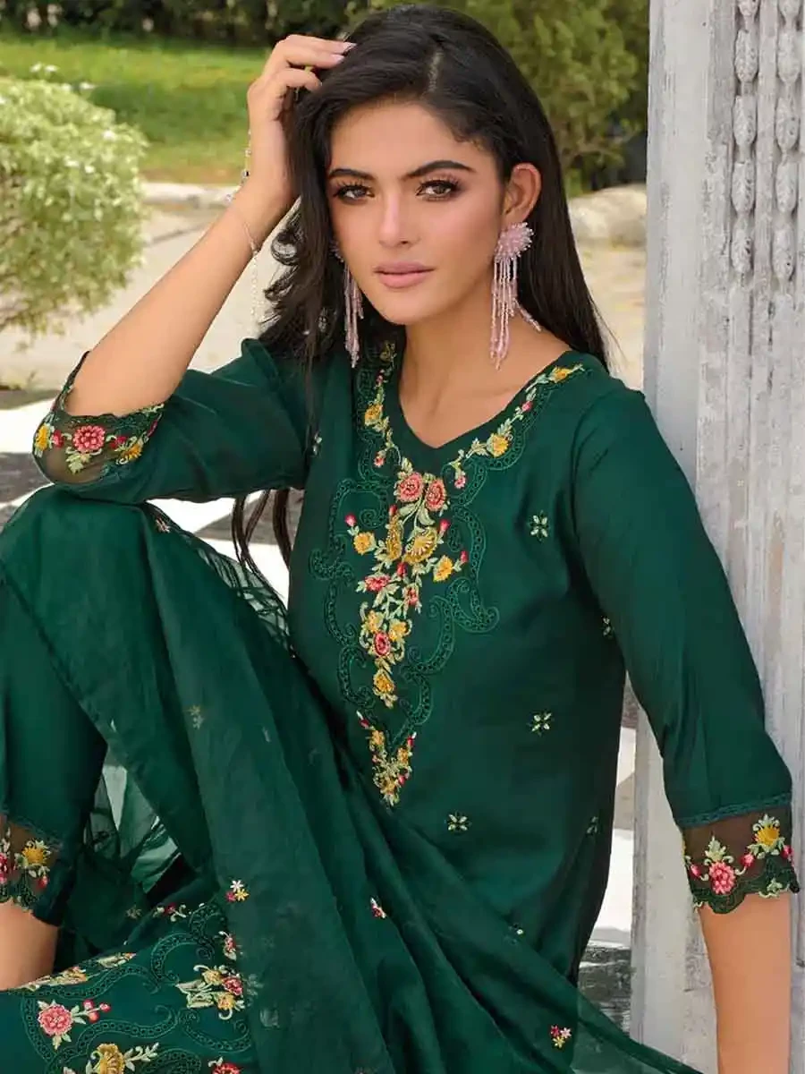 Green Pure Viscose Embroidered Festival Casual Ready Pant Salwar Kameez