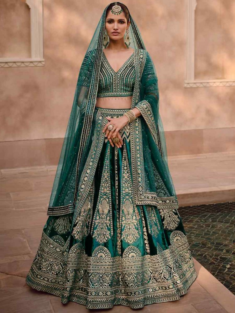 green pure viscose silk embroidered bridal wedding heavy border lehenga choli 354559027669411 m