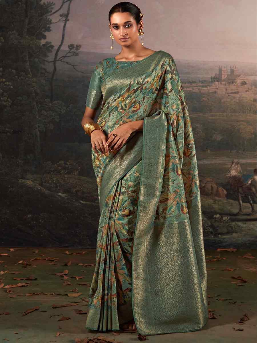 Green Pure Zari Linen Handwoven Casual Festival Classic Style Saree