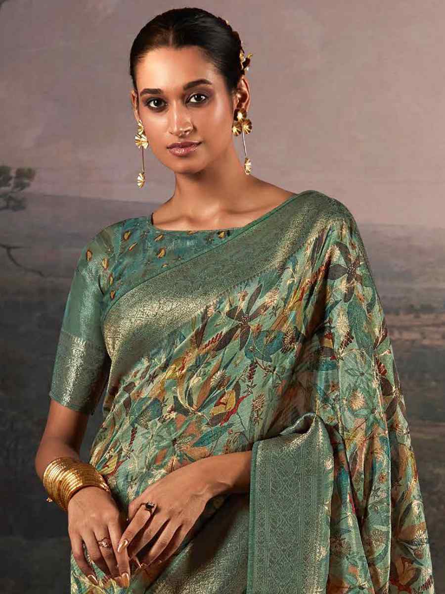 Green Pure Zari Linen Handwoven Casual Festival Classic Style Saree