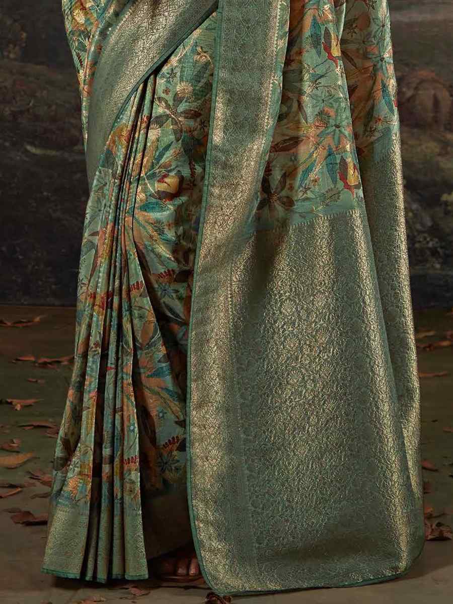 Green Pure Zari Linen Handwoven Casual Festival Classic Style Saree