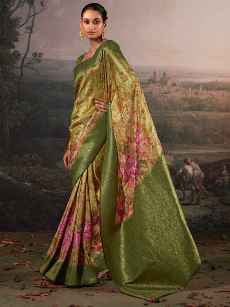 Green Pure Zari Linen Handwoven Casual Festival Classic Style Saree