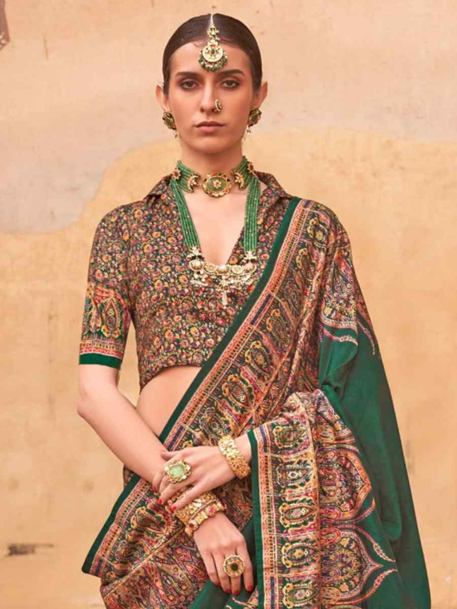 Green PV Silk Printed Casual Festival Classic Style Saree