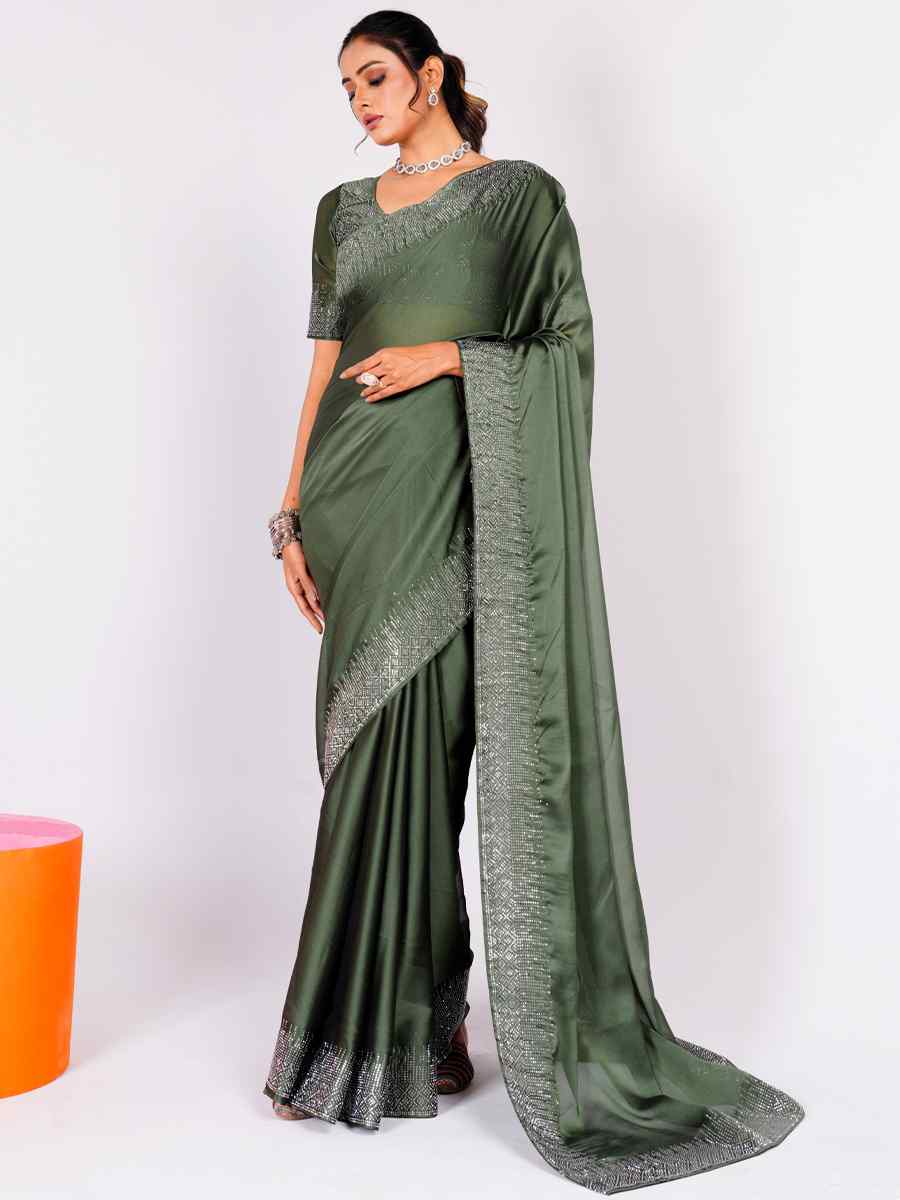 Green Rangoli Embroidered Wedding Party Heavy Border Saree