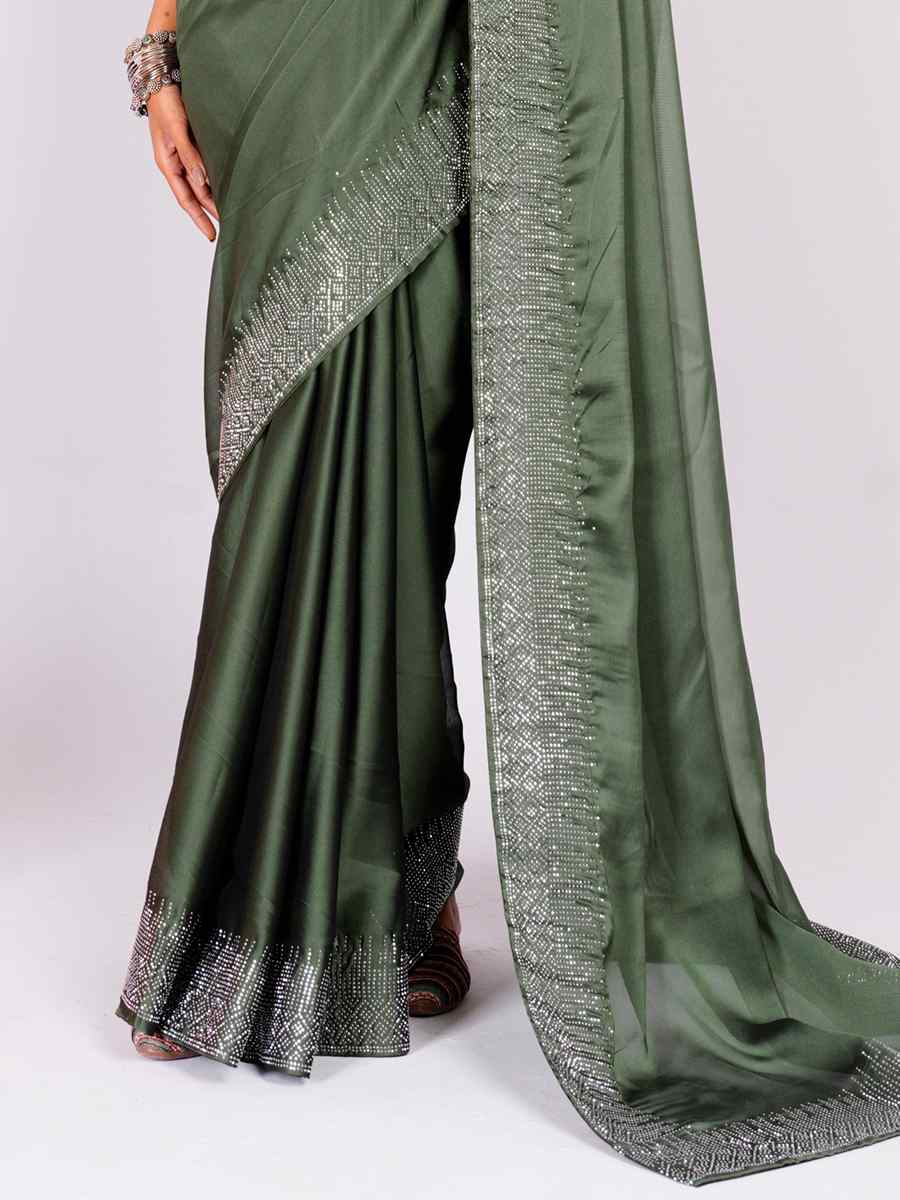 Green Rangoli Embroidered Wedding Party Heavy Border Saree