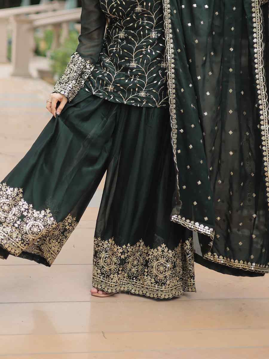 Green Rangoli Silk Embroidered Festival Wedding Sharara Pant Salwar Kameez