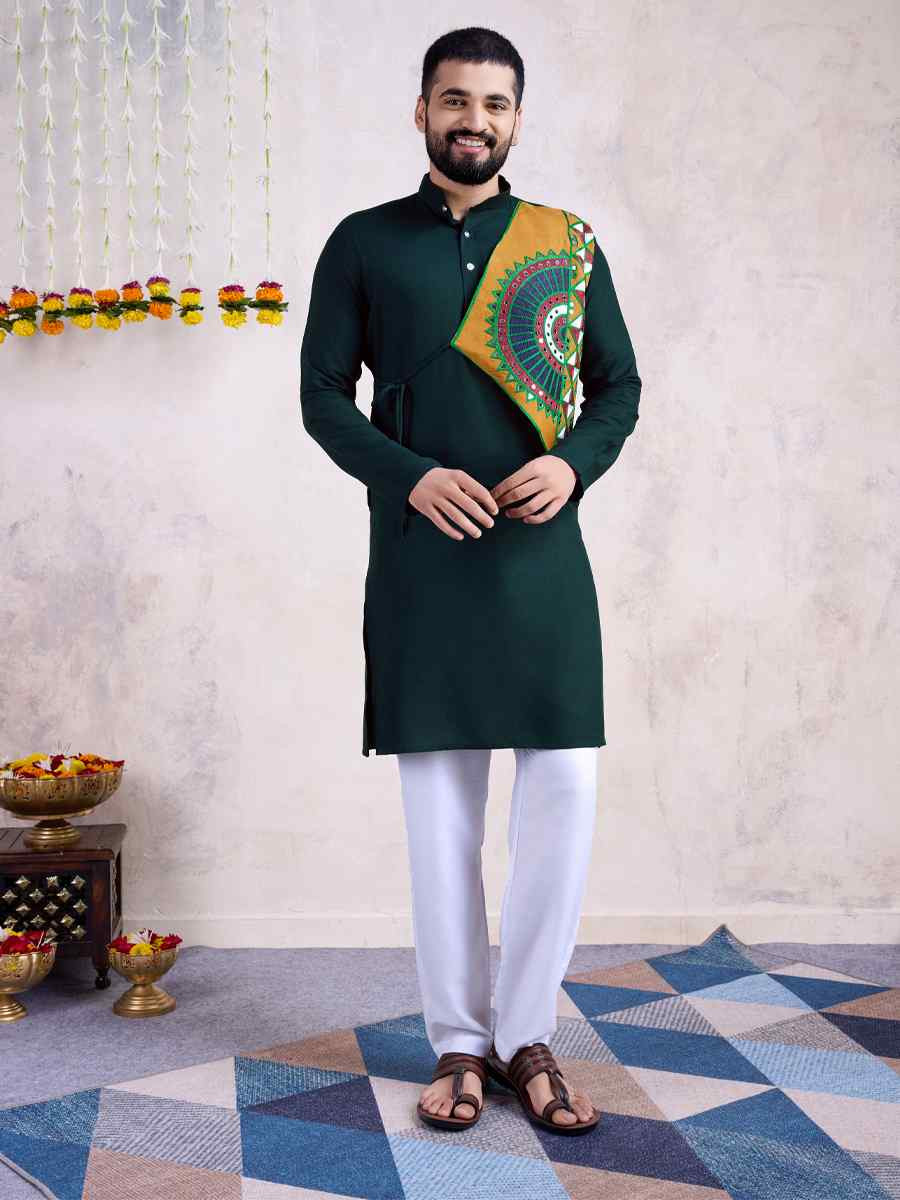 Green Rayon Embroidered Festival Casual Kurta