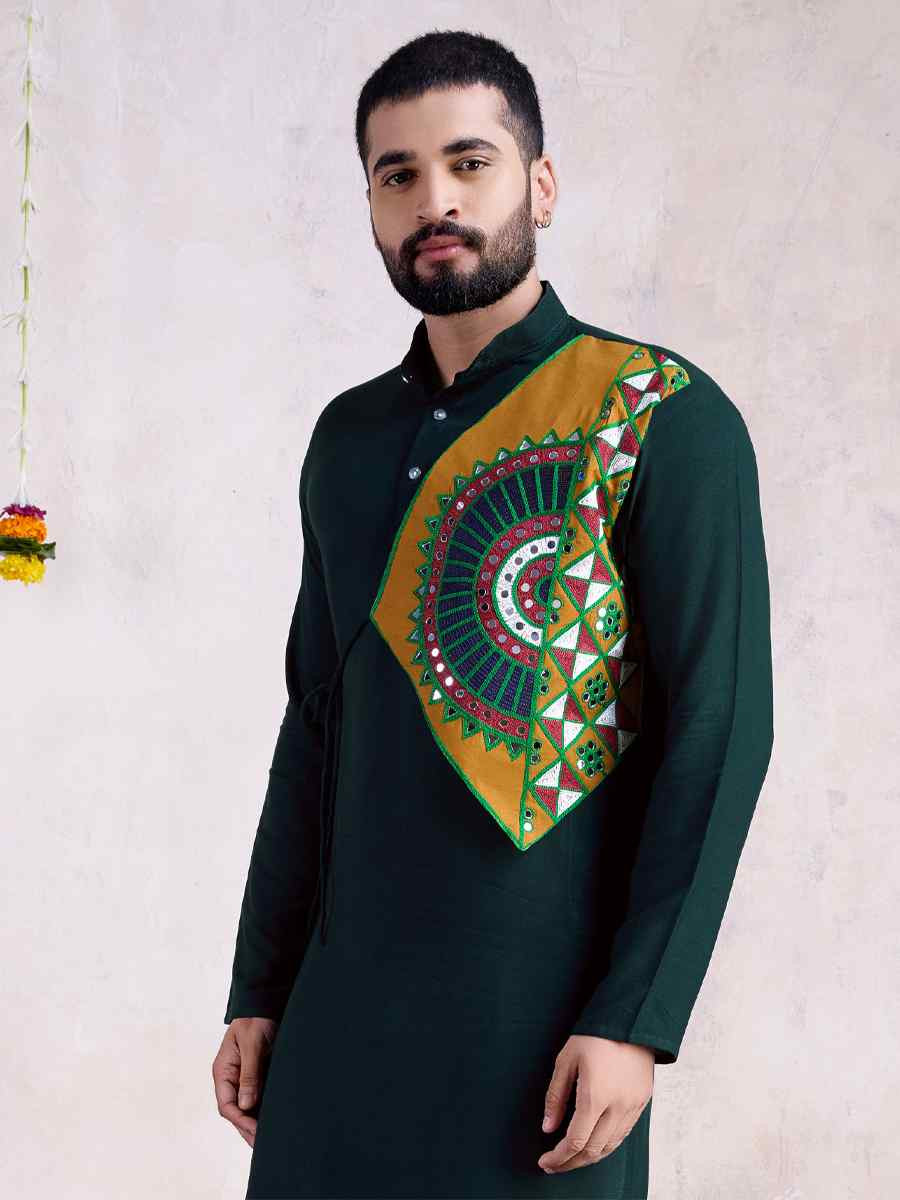 Green Rayon Embroidered Festival Casual Kurta