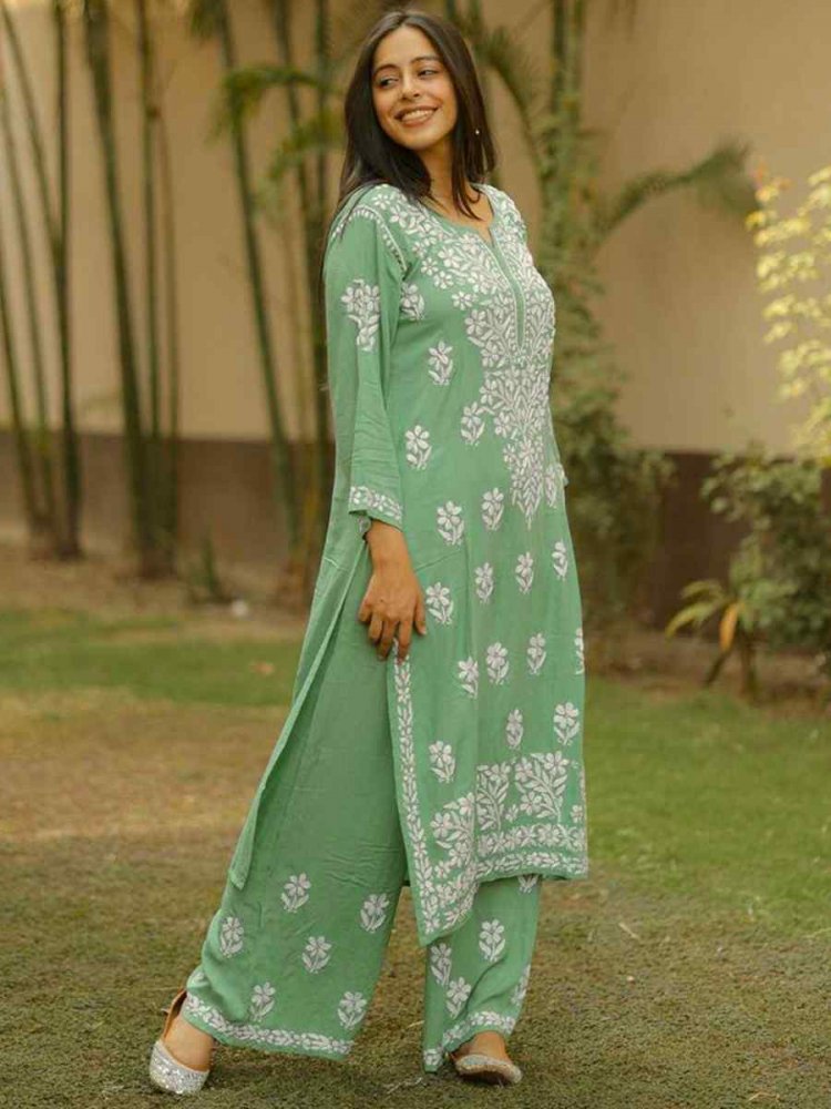 Green Rayon Embroidered Festival Casual Ready Pant Salwar Kameez