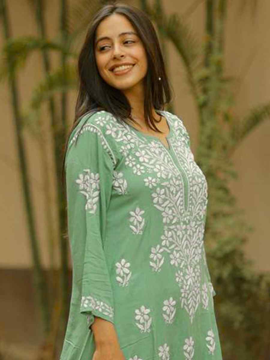 Green Rayon Embroidered Festival Casual Ready Pant Salwar Kameez