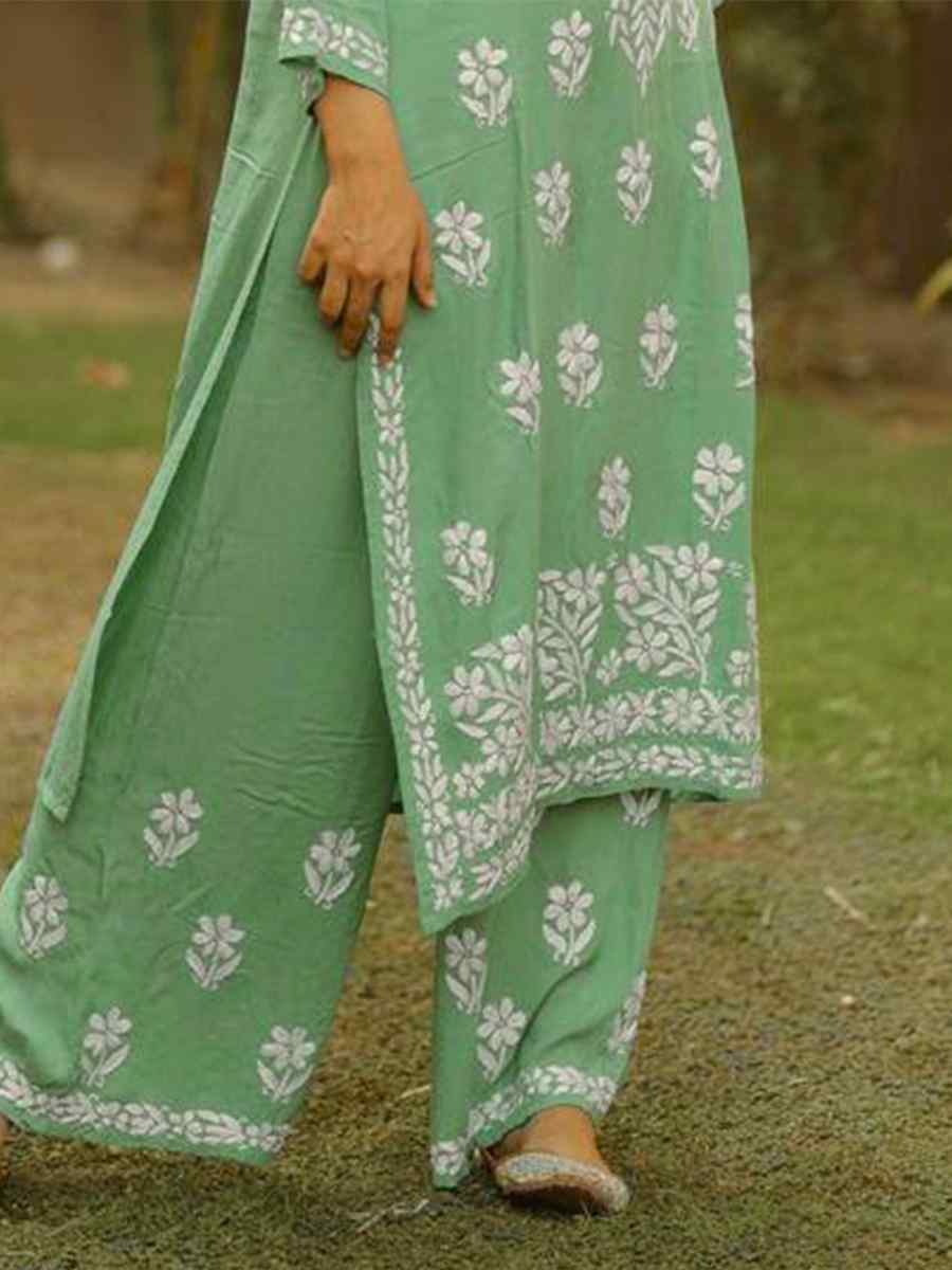 Green Rayon Embroidered Festival Casual Ready Pant Salwar Kameez