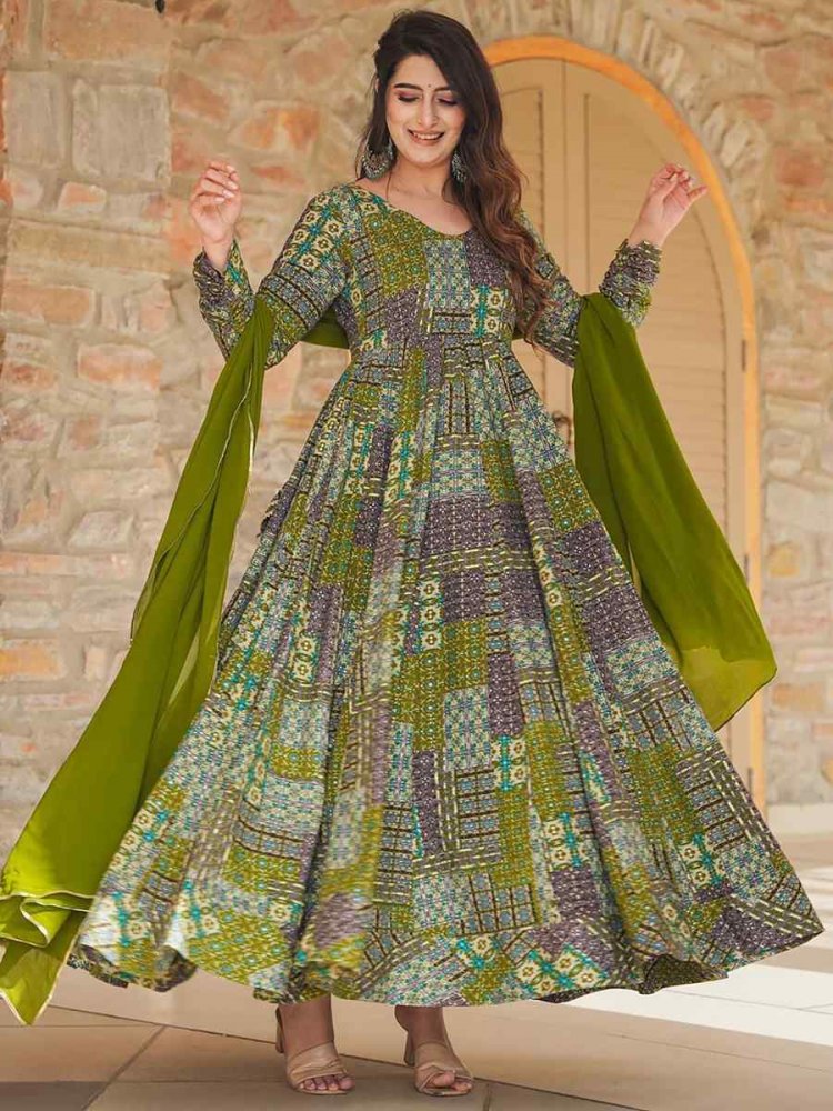 Green Rayon Printed Festival Mehendi Gown