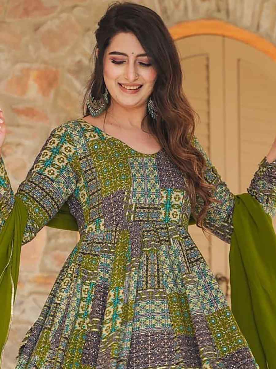 Green Rayon Printed Festival Mehendi Gown