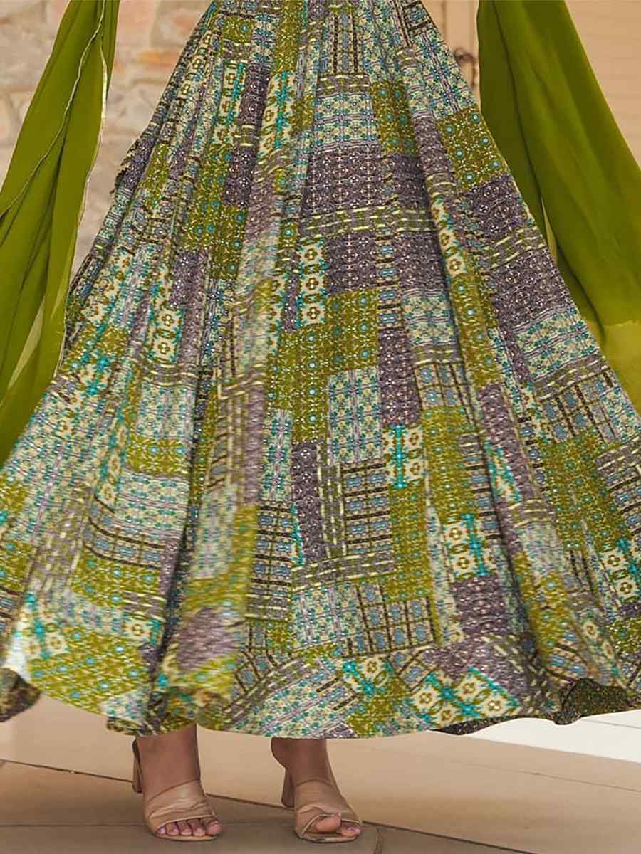 Green Rayon Printed Festival Mehendi Gown