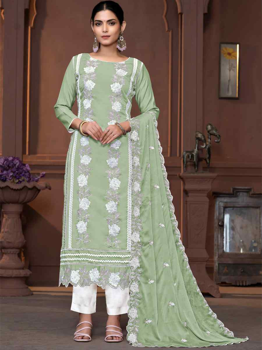 Green Roman Silk Embroidered Casual Festival Pant Salwar Kameez