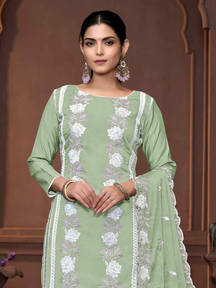 Green Roman Silk Embroidered Casual Festival Pant Salwar Kameez