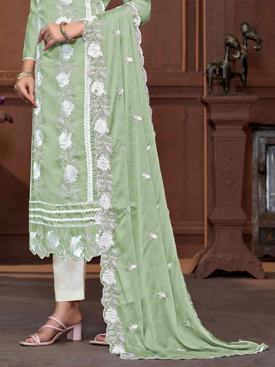 Green Roman Silk Embroidered Casual Festival Pant Salwar Kameez