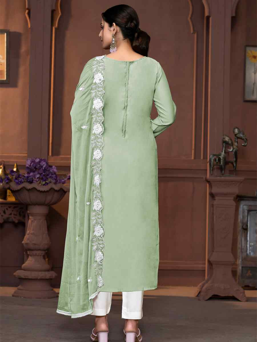 Green Roman Silk Embroidered Casual Festival Pant Salwar Kameez