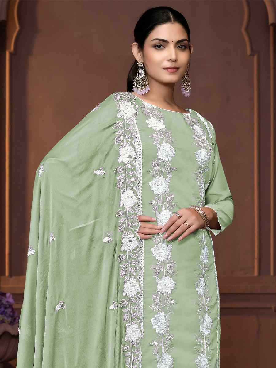 Green Roman Silk Embroidered Casual Festival Pant Salwar Kameez