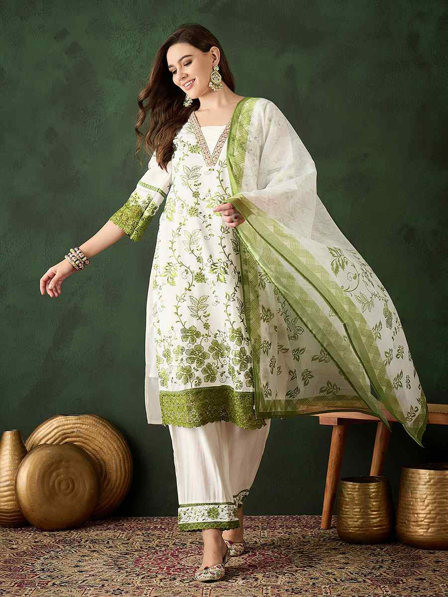 Green Roman Silk Embroidered Festival Casual Pant Salwar Kameez