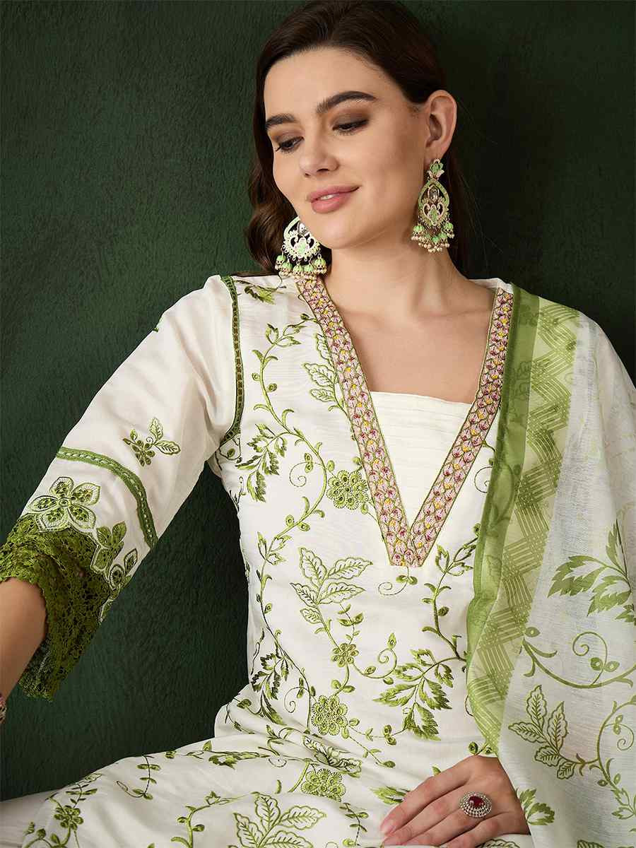 Green Roman Silk Embroidered Festival Casual Pant Salwar Kameez