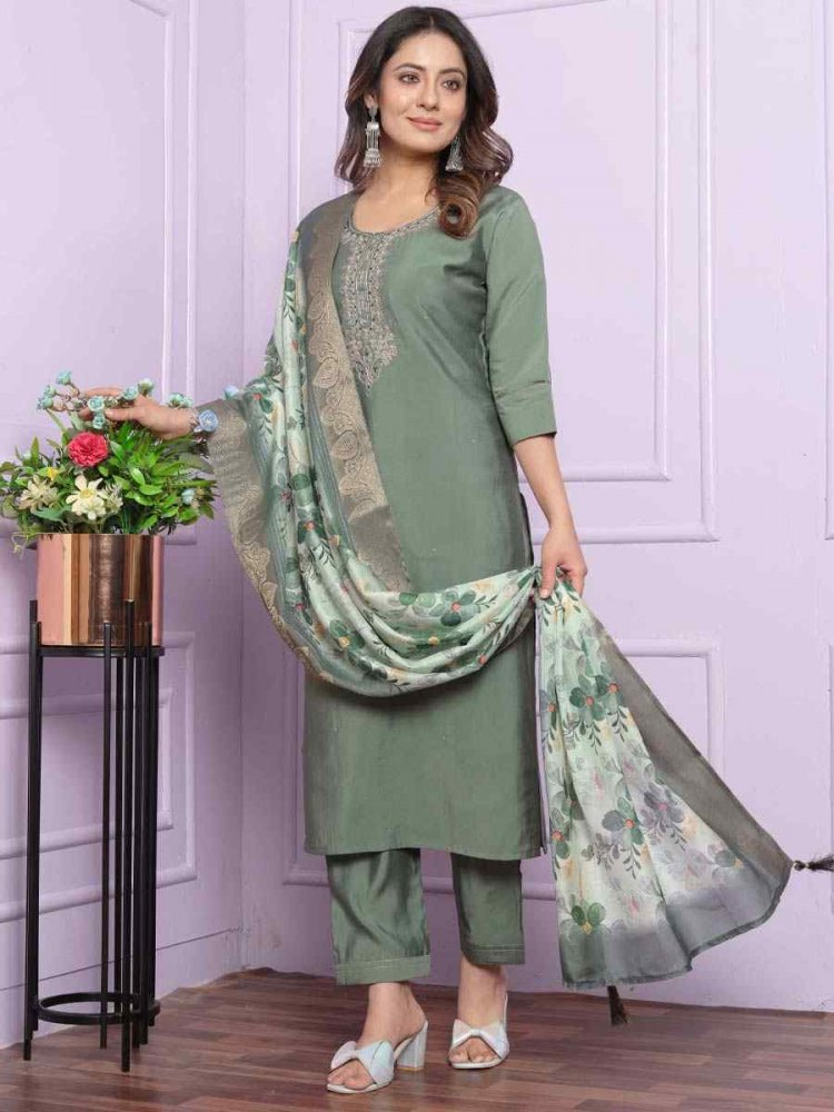 Green Rusian Silk Embroidered Festival Mehendi Ready Pant Salwar Kameez