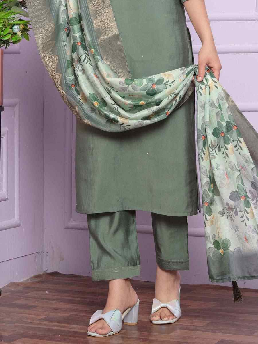 Green Rusian Silk Embroidered Festival Mehendi Ready Pant Salwar Kameez