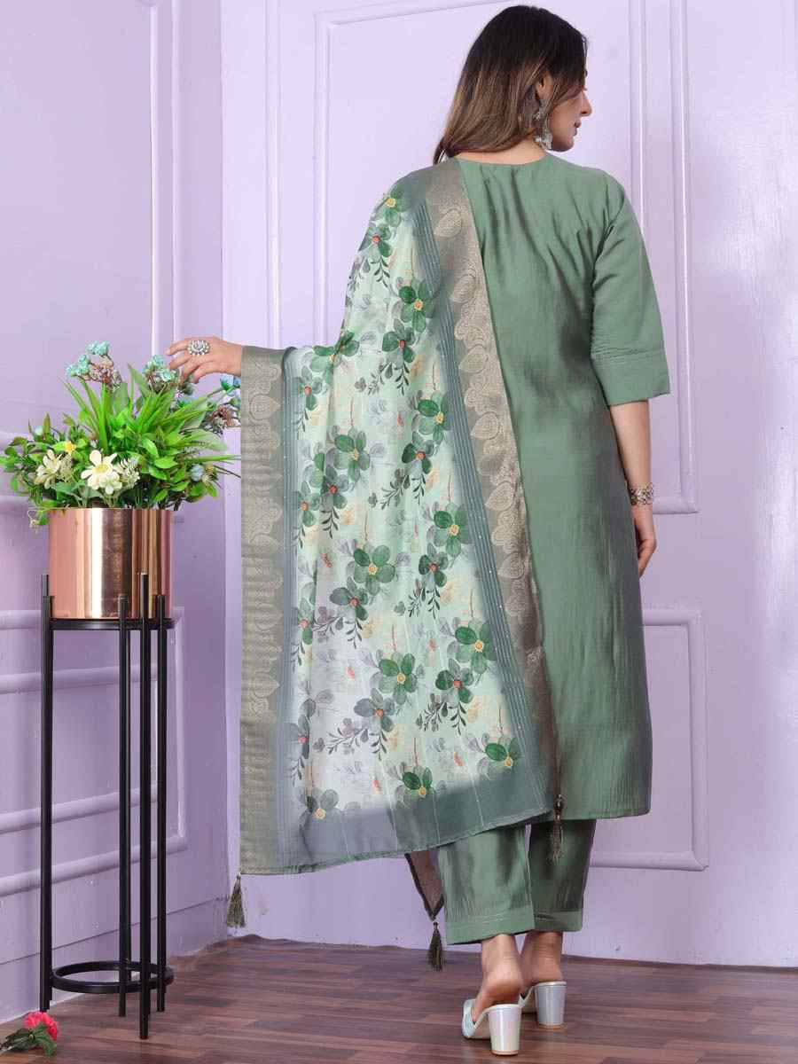 Green Rusian Silk Embroidered Festival Mehendi Ready Pant Salwar Kameez